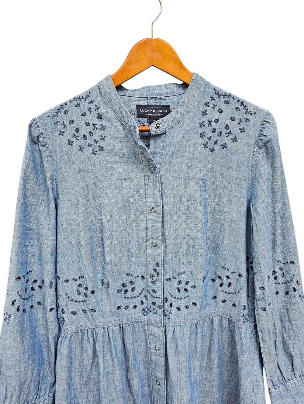 Lucky Brand Blue Chambray Eyelet Button-Front Midi Dress - Picture 7 of 11